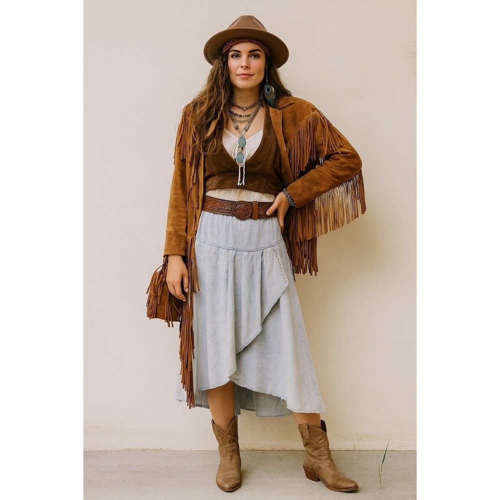 Vintage Medium 90s Midi Skirt Faux Wrap Denim Bohemian Western Festival Chic